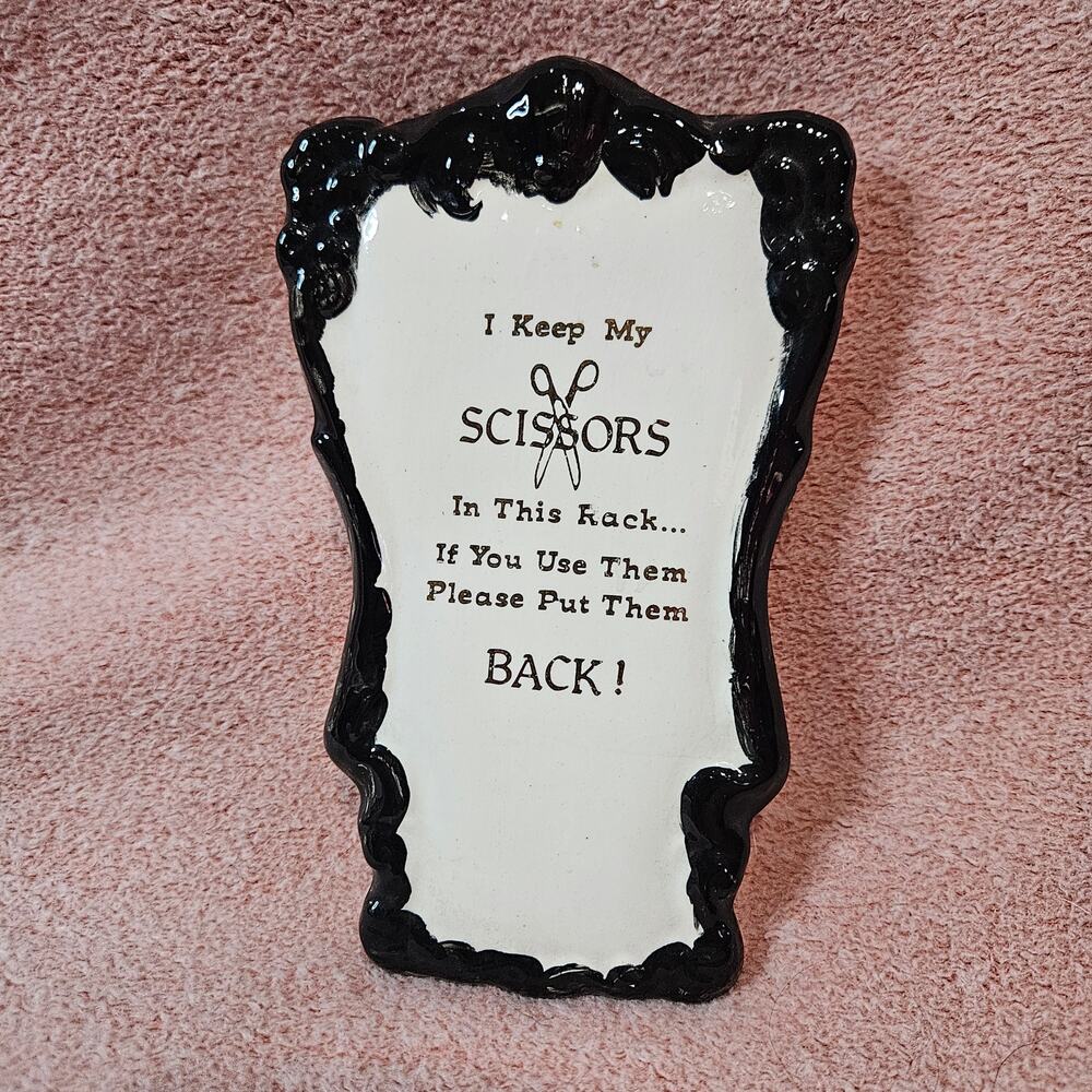 Vintage Ceramic Wall-Mount Scissor Holder Caddy with Humorous Saying